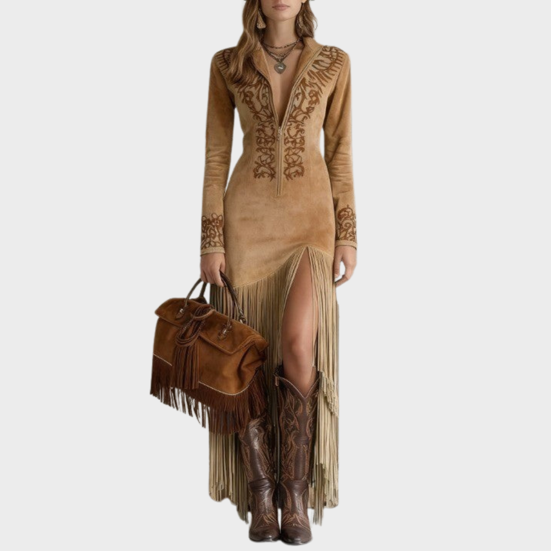 Victoria | Boho stílusú, rojtos velúr ruha