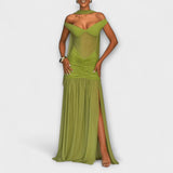 Nicole - Olíva Zöld Maxi Ruha V-nyakkal