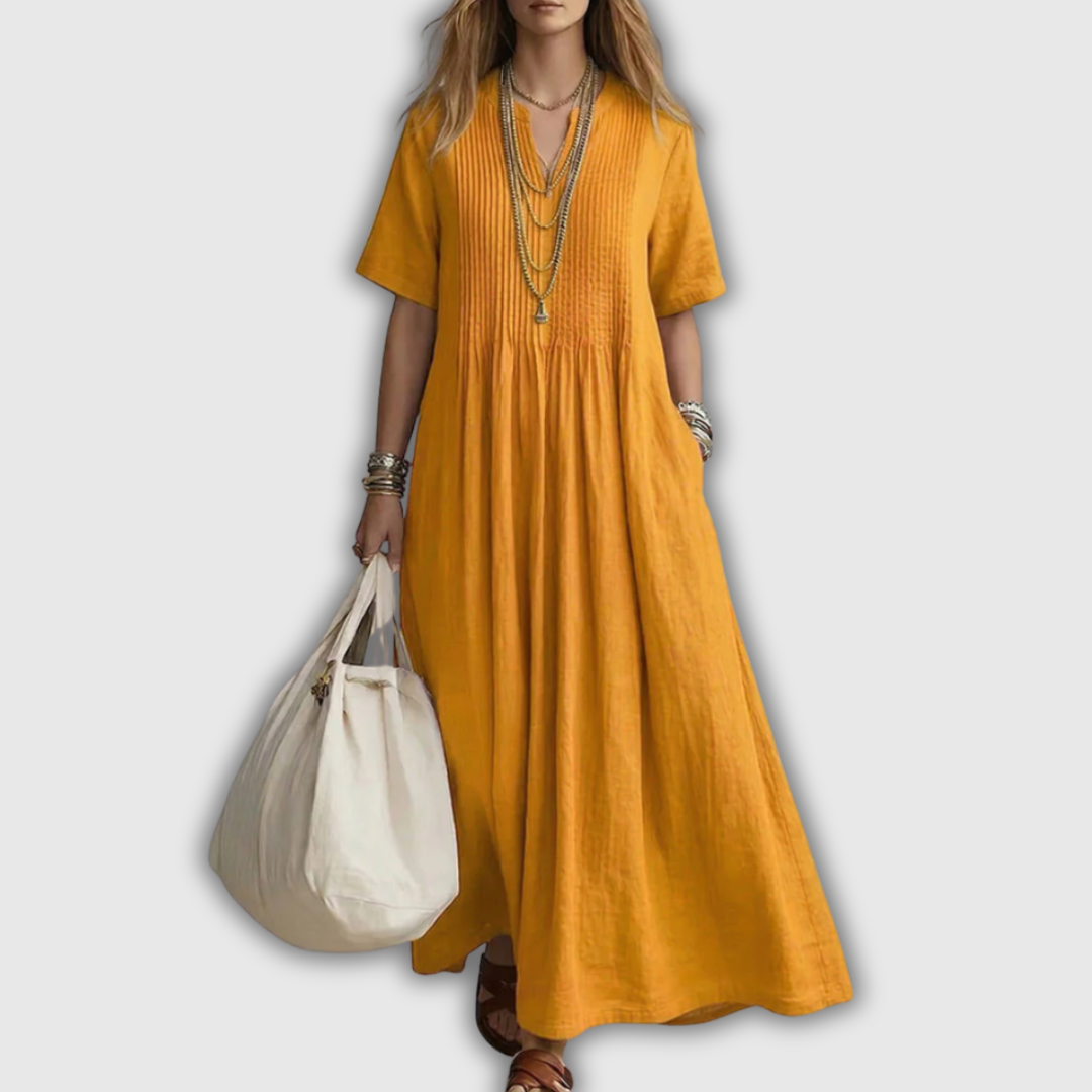 Elowen | Pintuck V-nyakú Len Maxi Ruha