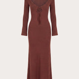 Amarise Knit Tie Front Maxi Dress - Csokoládé