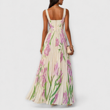 Rosalind | Pliszírozott Virágos Chiffon Maxi Ruha Derékövével