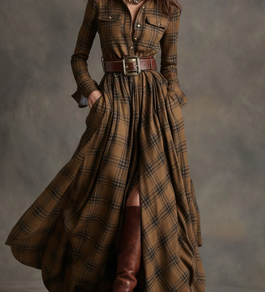Highland Muse™ | Vintage Kockás Maxi Ruha