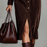 Sienna Puha Corduroy Gombos Midi Ruha